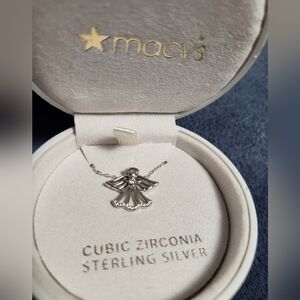 MACY, STERLING SILVER, LAB CREATED SAPPHIRE NECKLACE WITH CZ, ANGEL, JOY ORAMENT